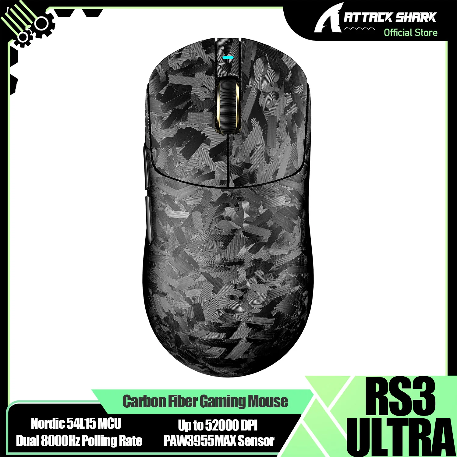 ATTACK SHARK RS3 Ultra 69g Carbon Fiber Wireless Gaming Mous, Dual 8000Hz Polling Rate, PAW3955MAX Sensor, Nordic 54L15 MCU