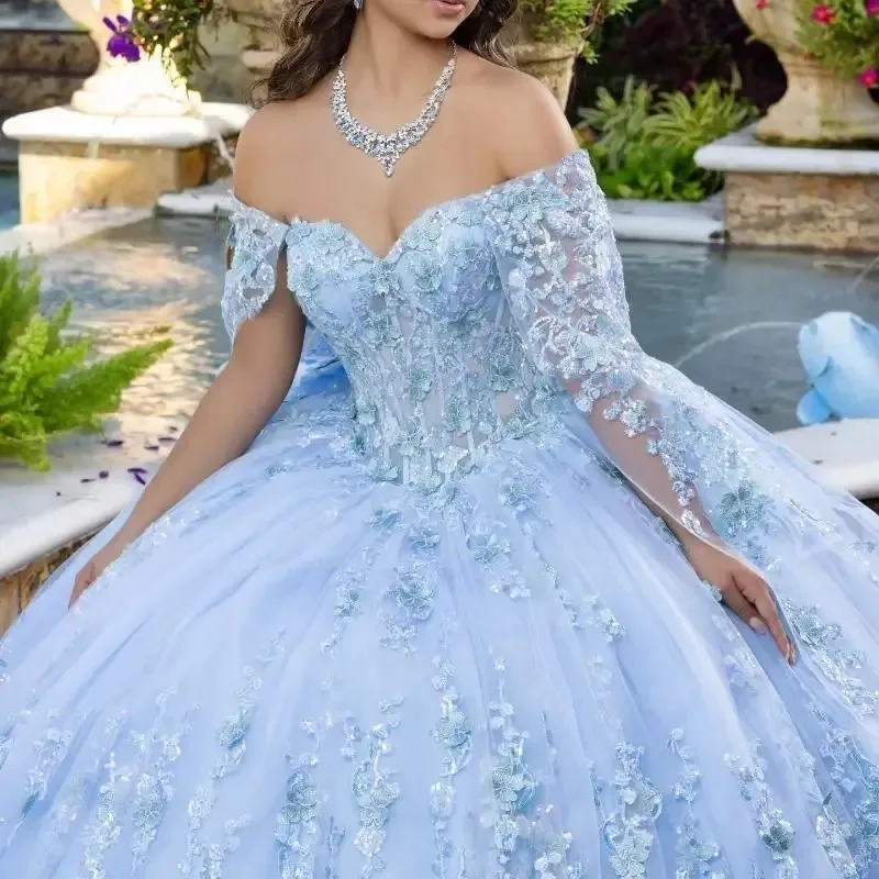 ANGELSBRIDEP Sky Blue Mexican Quinceanera Dress Sequin Lace Applique Beads Tull Corset Sweet 16 Vestido 15 De Anos Customized