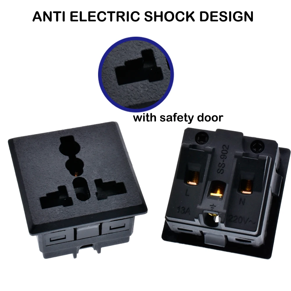 New AC power socket Multifunction with safety door black 13A 250V Solder free connect lock screw