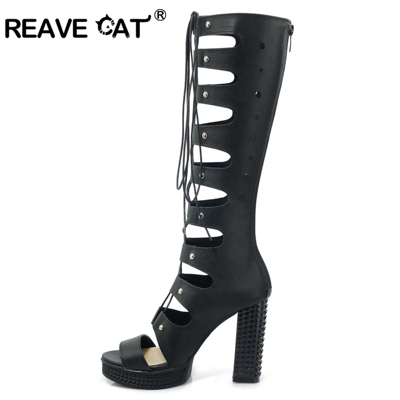 REAVE CAT Women\'s summer boots Ladies platform High heel Gladiator cross tied Peep toe Big size Black White A700