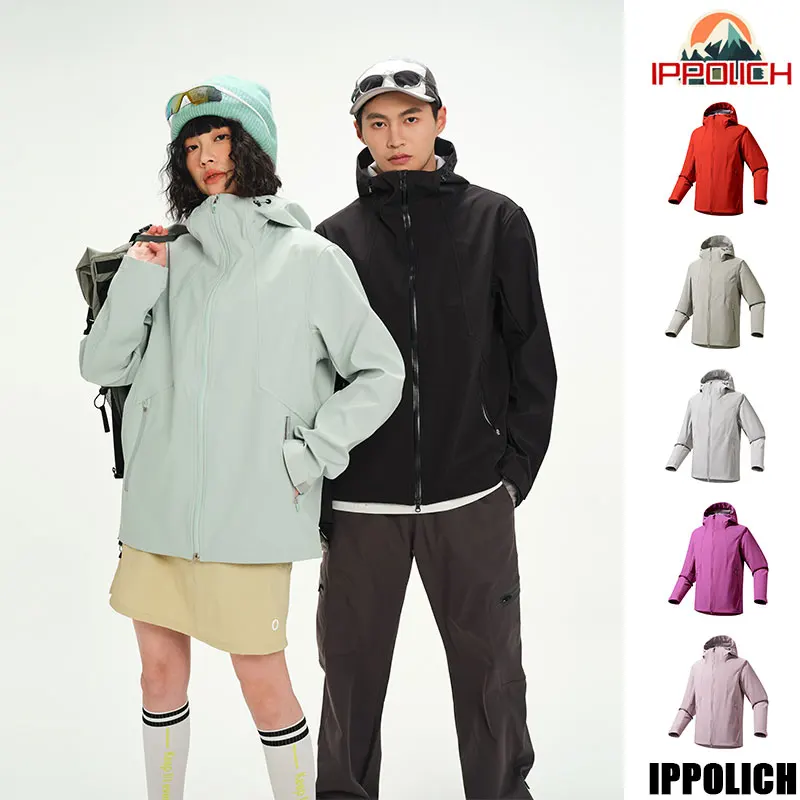 

Spring Men Jacket Adjustable Hem Outdoor Climbing Jacket Woman Waterproof Hooded Mountaineering Coat Velcro Cuff Windproof Coat