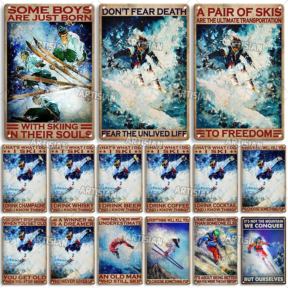 Arte resistido esqui metal estanho sinal decorativo cartaz vintage esporte placa de metal homem caverna casa estúdio parede decoração industrial