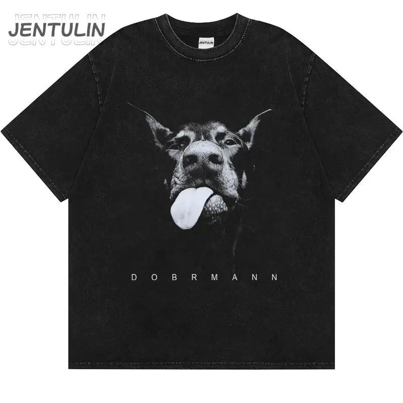 Hip Hop Oversized Men Washed Tshirt Y2K Streetwear Dobermann Dog Animal Graphic Print Grunge Tee Harajuku Fashion Summer Clothes