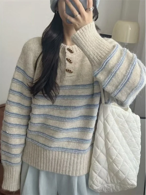

Autumn Winter Top High Sensation Long round Ne irt Loose Knitted Stripe Sweater Women's Korean Lazy Faion