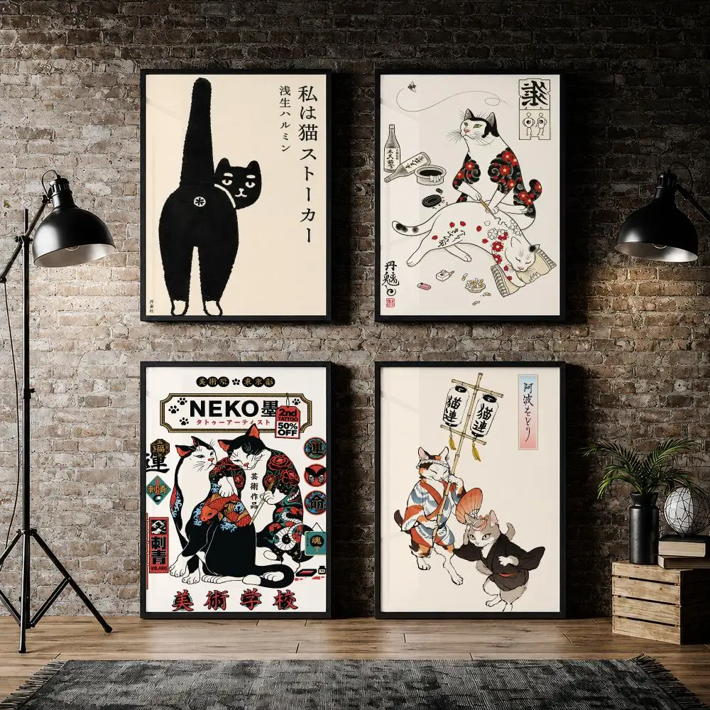 Vintage Japanese Ukiyo-e Whimsical Cat Poster Pvc HD Peel and Stick Modern poster Home Office Living Room Dining Room Wall Decor