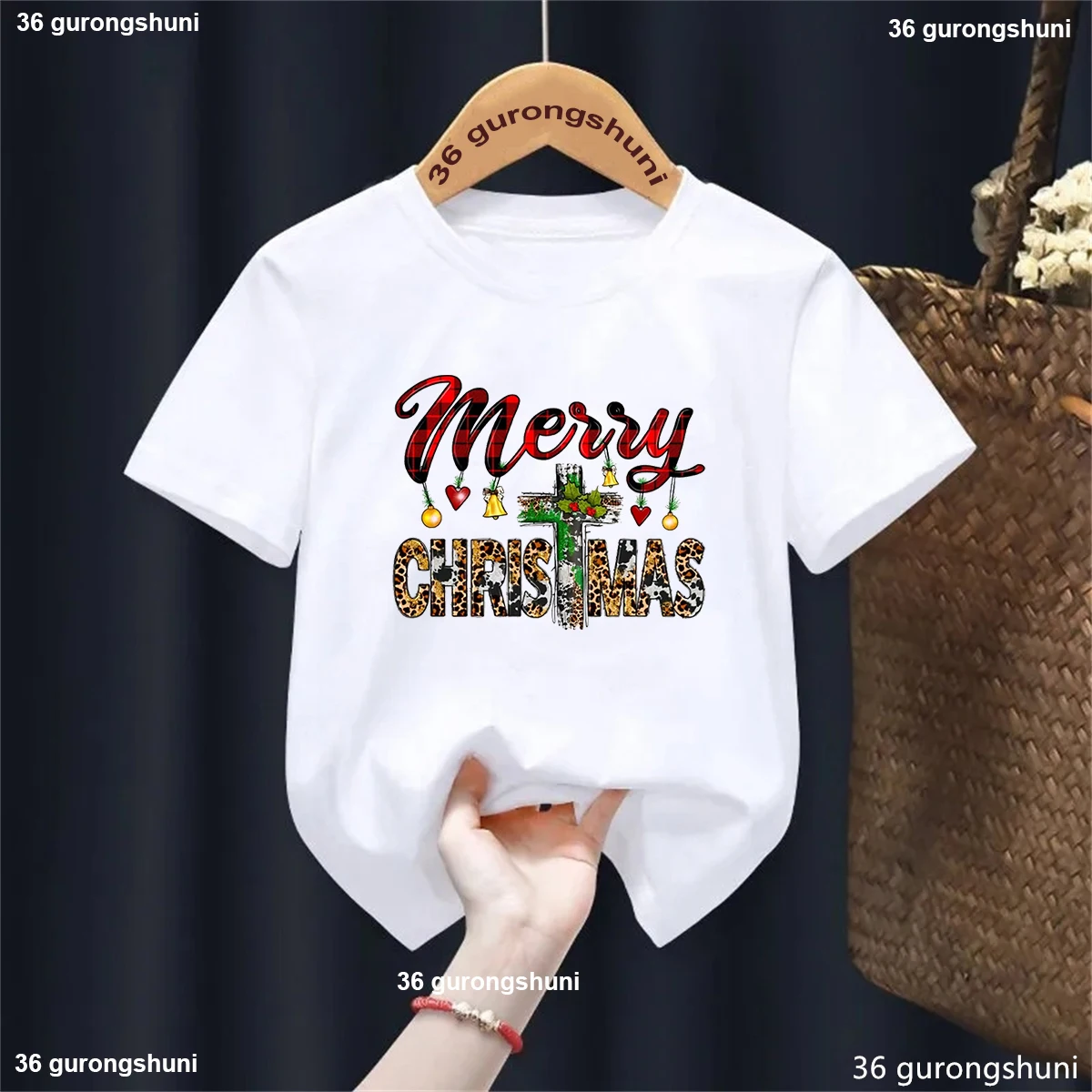 Leopard Merry Christmas Graphic Printed T Shirt Girls/Boys Christmas Gift Jesus Kids Clothes Solid Funny T-Shirt Harajuku Shirt