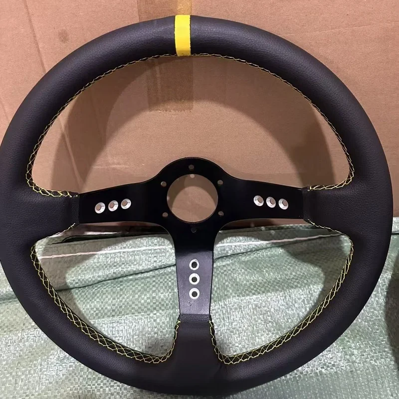 For Universal Car 14 Inch Racing Steering Wheel Shallow Dish Genuine Leather Suede Black Red Frame Steering Wheel With Steering
