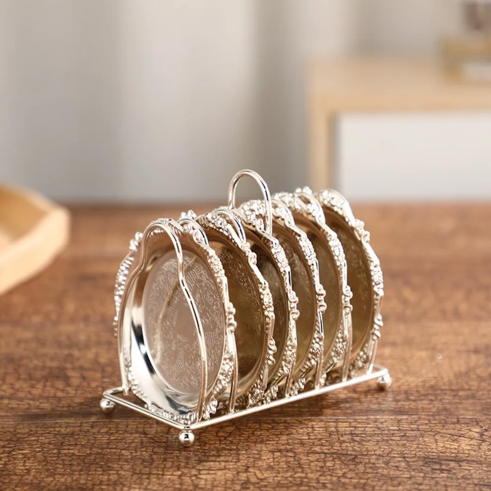 

7 Pcs/set Mini Cake Plates Carved Patterned Cup Mat Placemat Snack Tray Fruit Tray Alloy Dessert Plate Dishes Rack Set