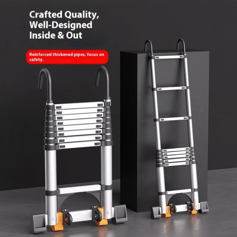 Telescopic straight ladder with hooks and wheels, thickened aluminum alloy, easy to store household ladder, engineering ladder