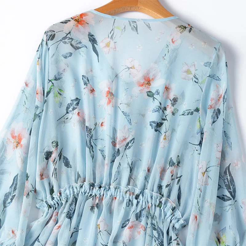 Women Dress 100% Mulberry Silk Sexy Transparent Blue Floral Print V neck Ruffle High waist Belted Waist Midi Dress M1328