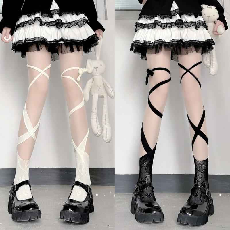 Japanese Style Tabi Socks Lolita Lace JK Calf Sock Irregular Bandage Fishnet Stockings Niche Hot Girls Mid Calf Split Toe Socks