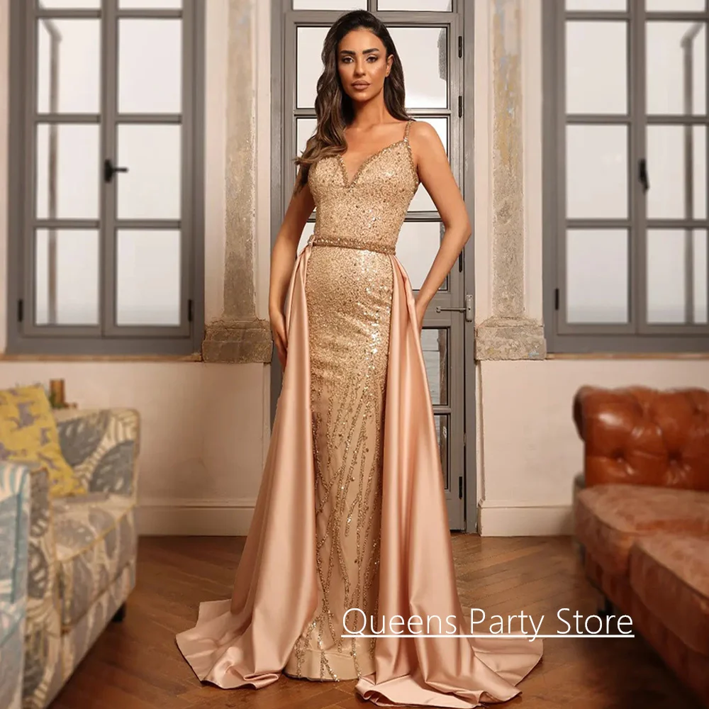 

Mermaid Evening Dress Detachable Satin Train Customized Spaghetti Straps V Neck Beading Sequined Sparkling Prom Gowns