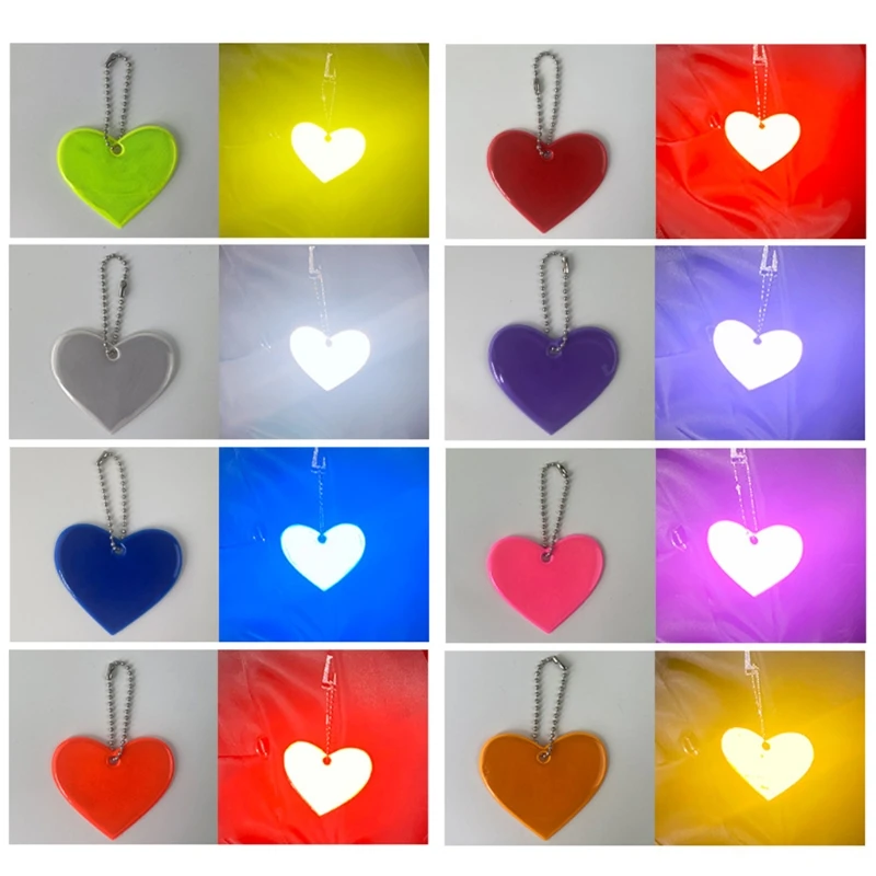 5Pcs Cute Heart Shape Reflective Keychain Bag Pendant Accessories Doft PVC Reflector Keyrings For Visible Safety