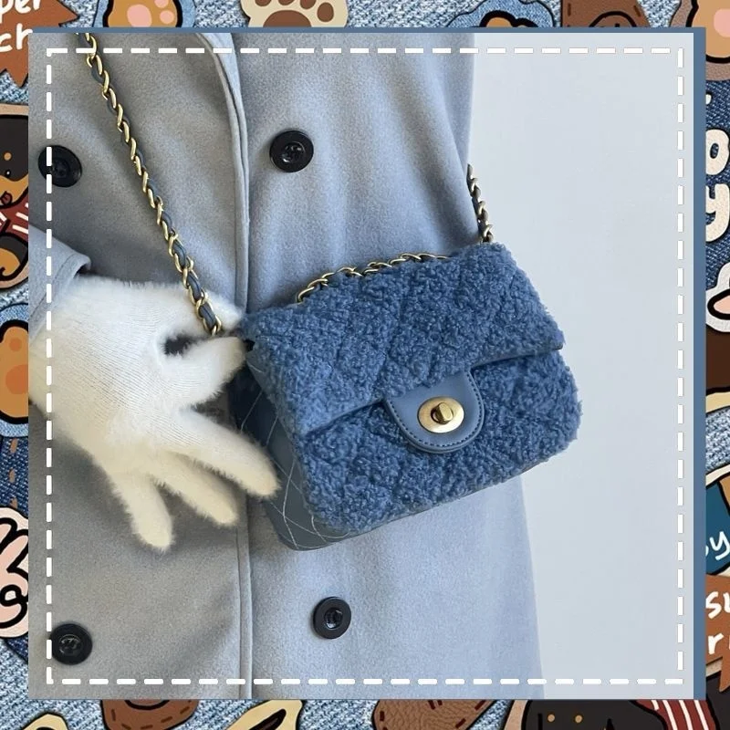 

Ins Fashion Blue Chain Lock Crossbody Bag Women Diamond Quilting Plush Small Capacity Shoulder Bag Ladies Harajuku High End Bag