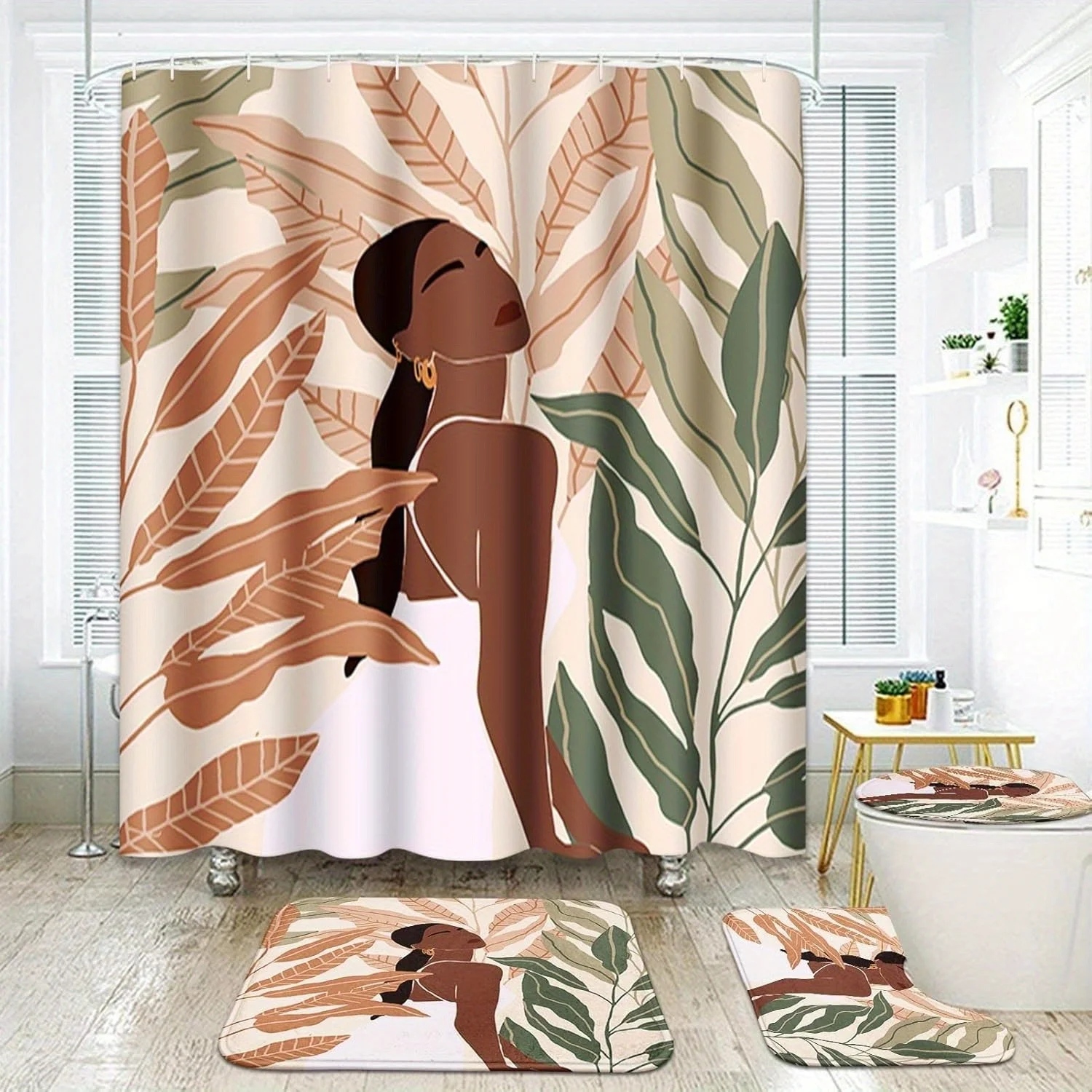 

4-piece African American female bathroom set with shower curtain, rug and accessories, botanical watercolor bathroom decor