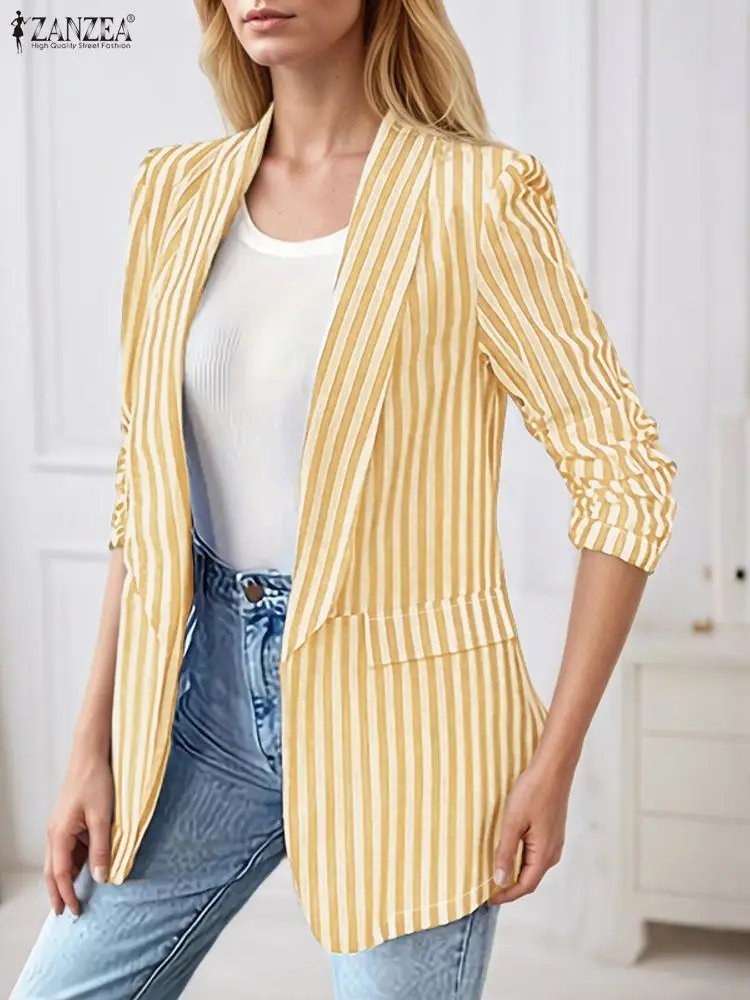 سترات نسائية 2025 ZANZA خريفي أنيق برقبة على شكل طية صدر وأكمام طويلة معاطف رفيعة سترات أنيقة مخططة OL ملابس خارجية للعمل