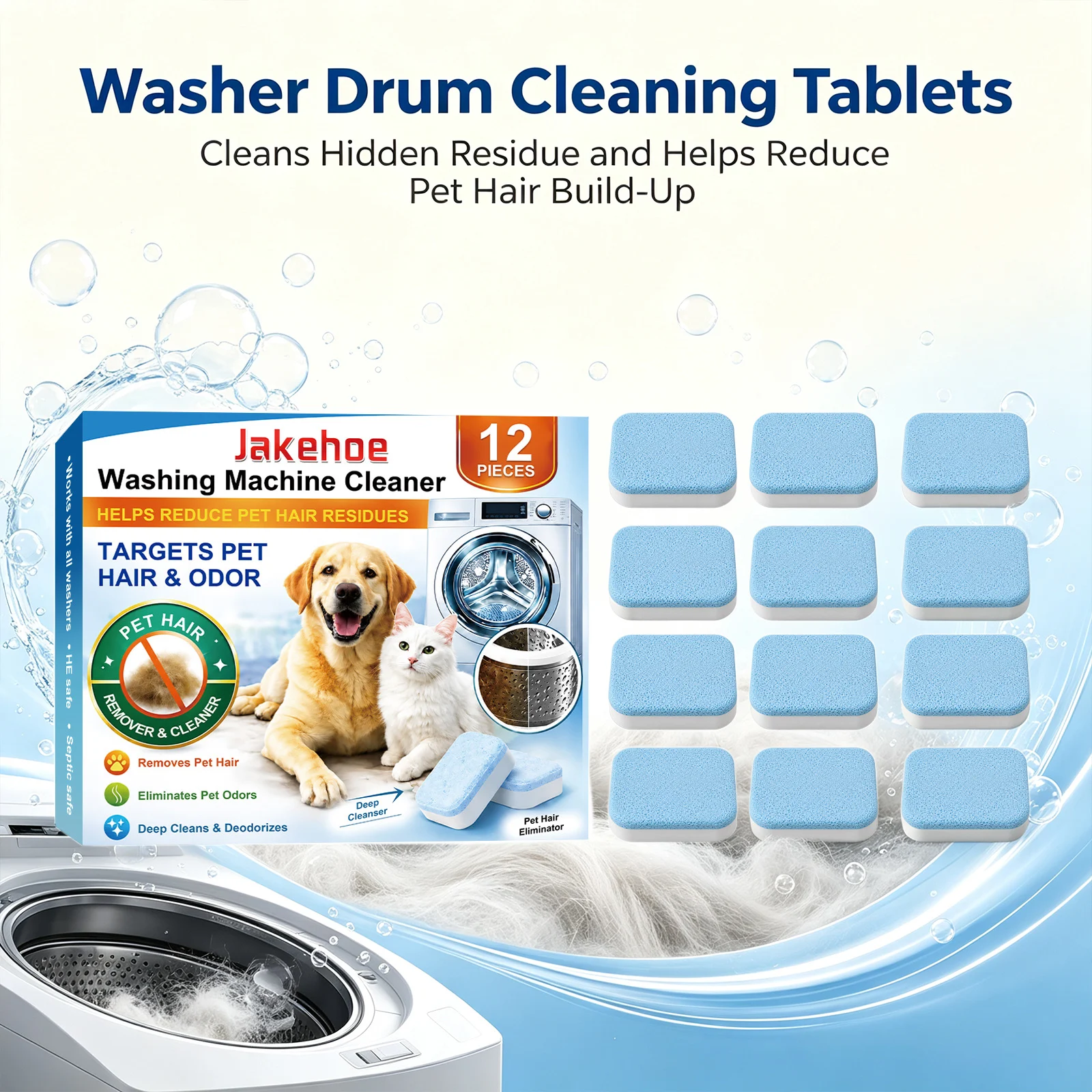 Washing Machine Cleaner Tablets Removing Mold Stains Reduce Pet Hair Residue Eliminate Odors Deep Clean Washer Tank Descaler Tab