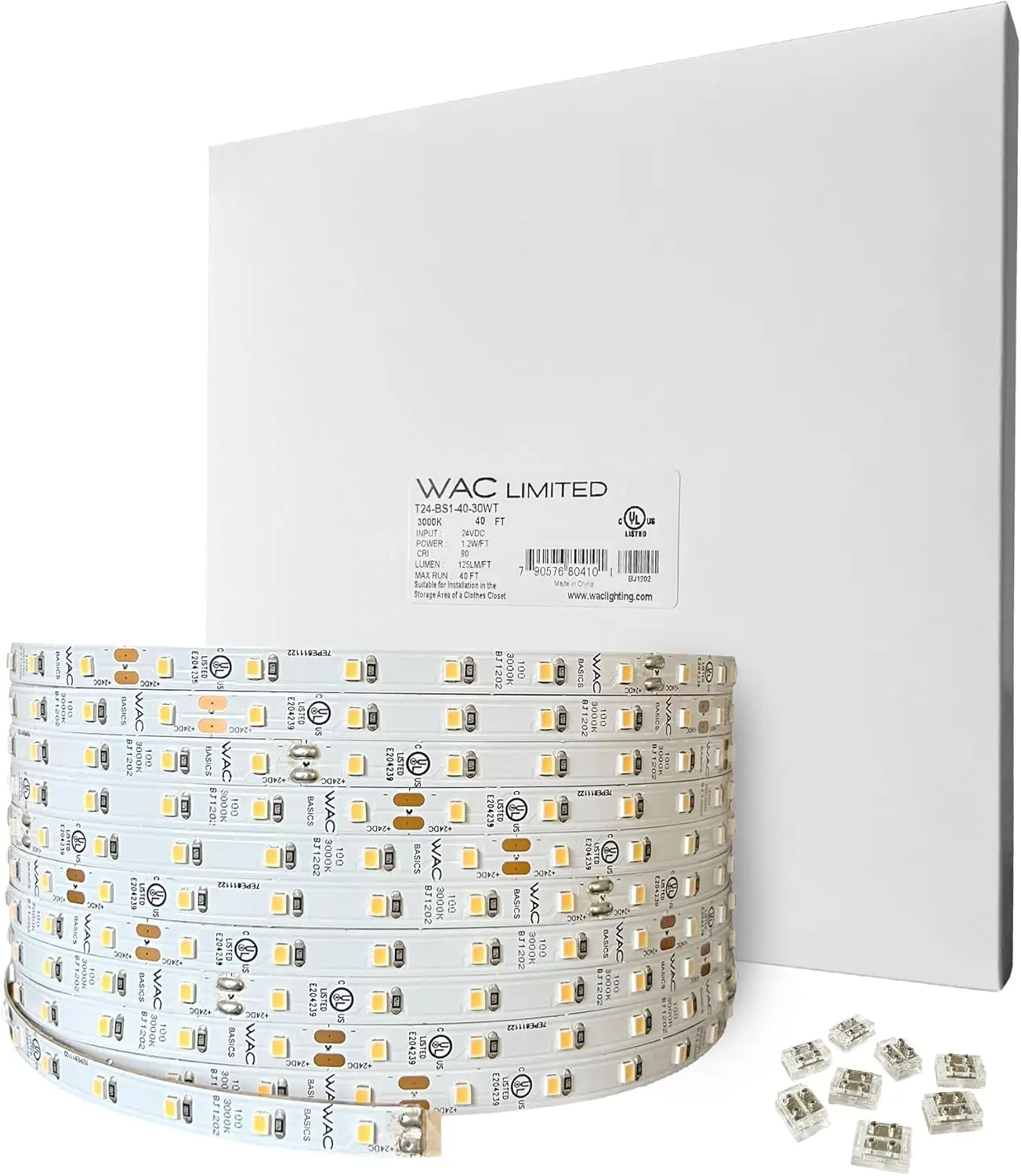 Wac Lighting T24-Bs2-40-30Wt, Basics 24Vdc Led Tape Light 3000K 2.4W Per Foot 40Ft Reel Field Cuttable Every 2In Fully Dimmable