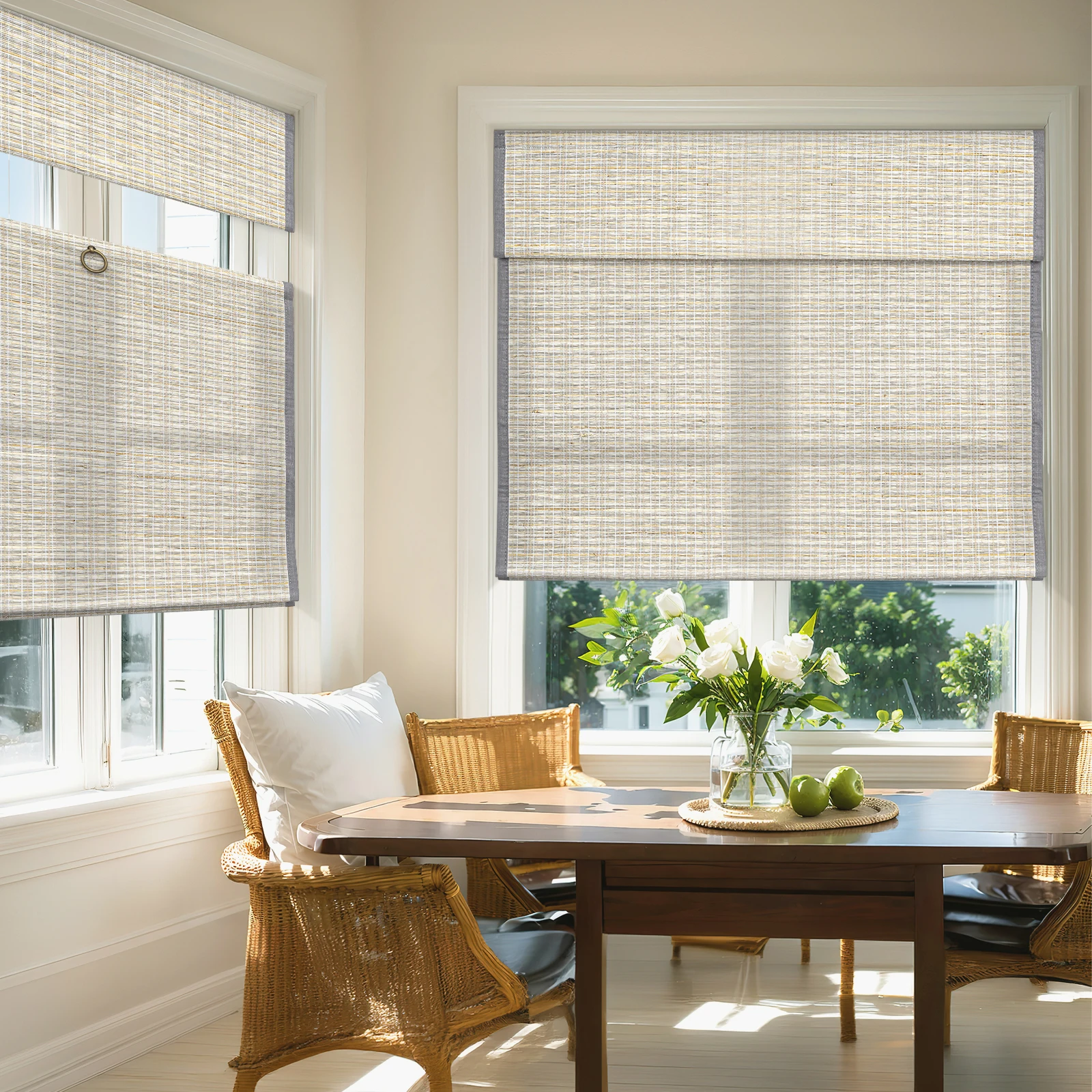 Moonice Cordless Roman Blinds Custom Natural Woven Fabric Roman Blinds Light Filtering Top Down Bottom Up Roman Shade for Window