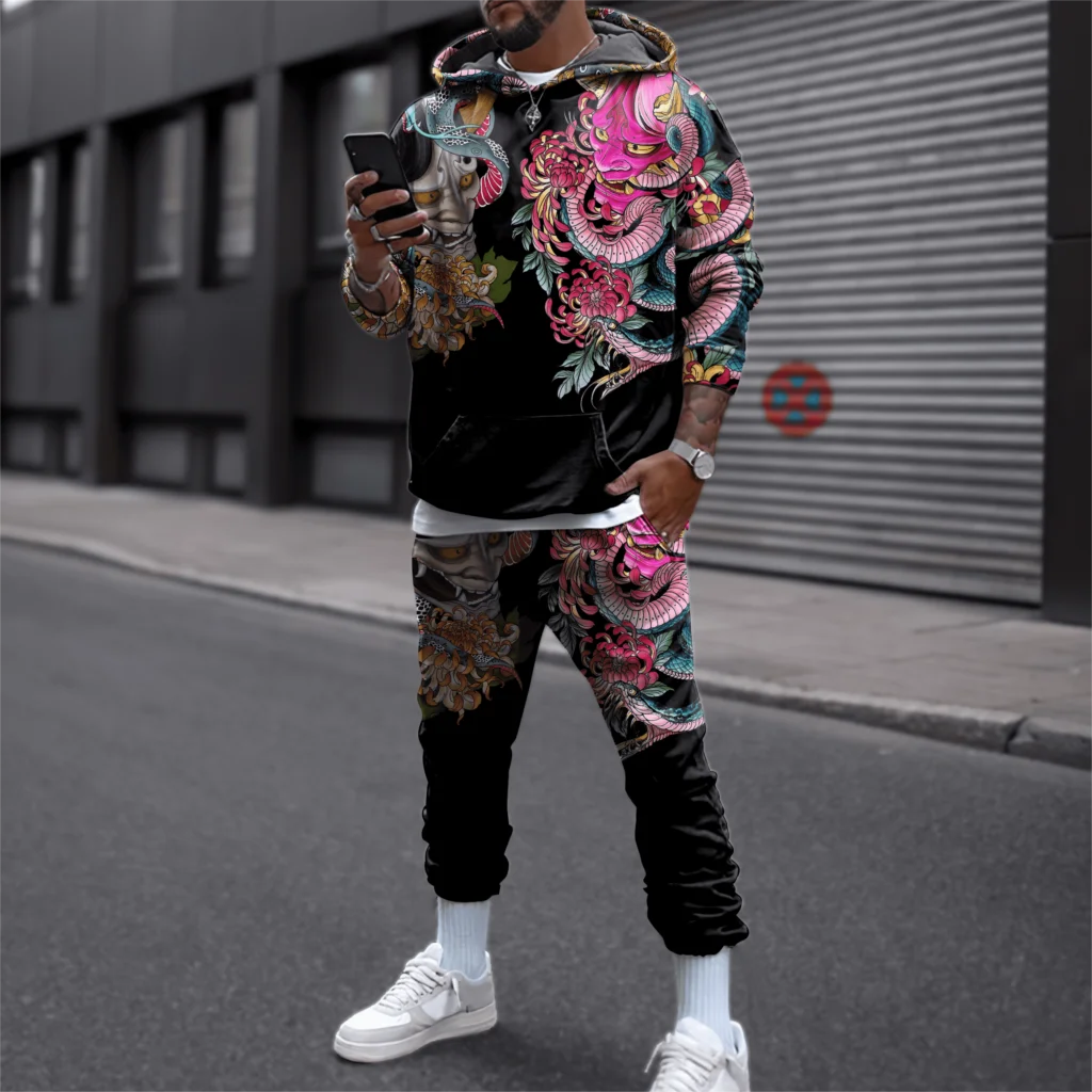 3D Vintage Grafische Heren Hoodie Broek Tweedelige Sets Mode Cool Casual Harajuku Stijl Trainingspakken Herfst Winter Comfortabele Set