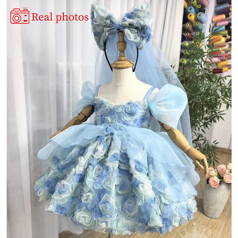 Princess Dress for Girls Cute Fairy Performance Dress with Three-Dimensional Flowers Puffy Birthday Wedding Dress