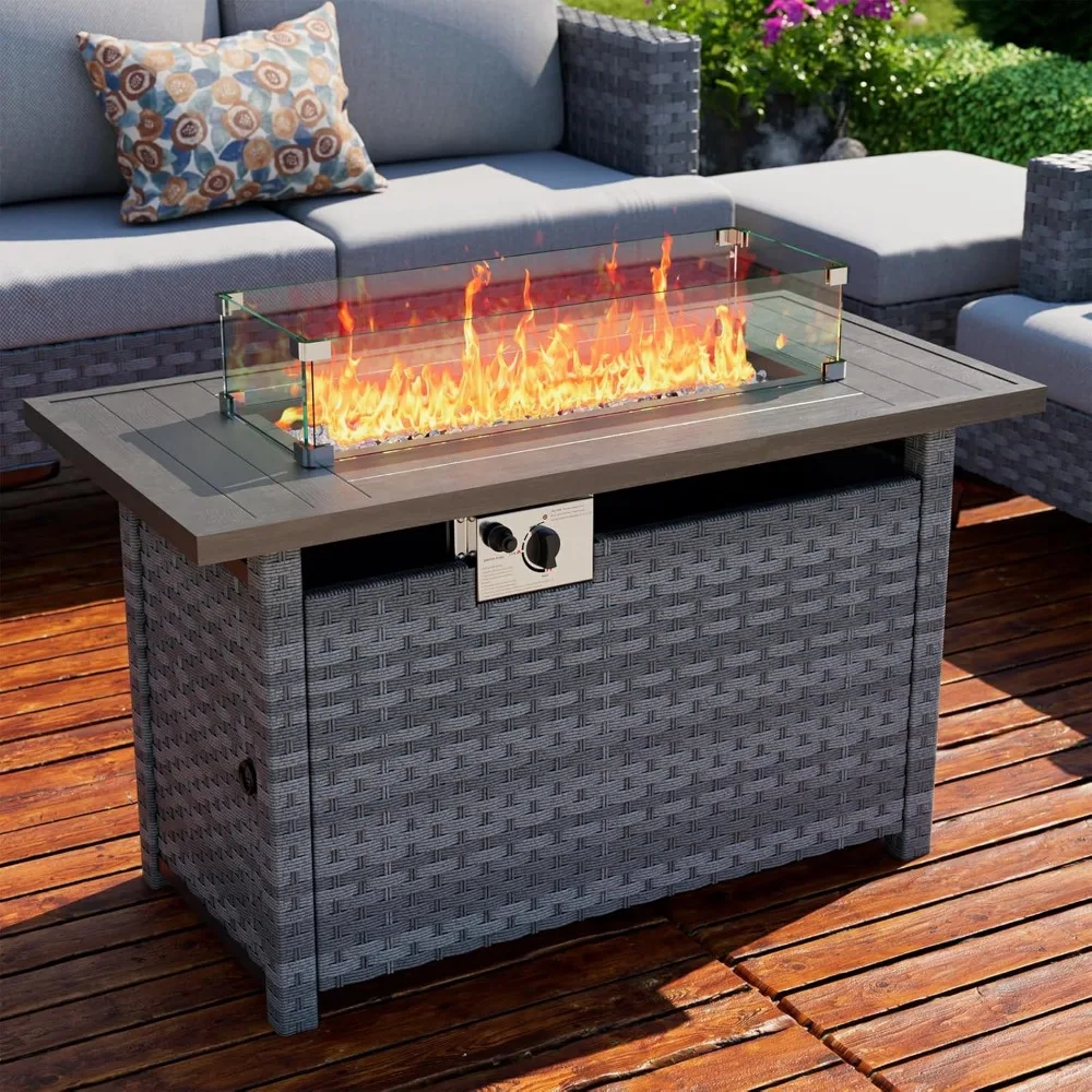 

Fire Pit Table with Wind Guard for Outdoor, Auto-Ignition Propane Gas Firepits Rattan Rectangular Table for Outside Patio 60,000