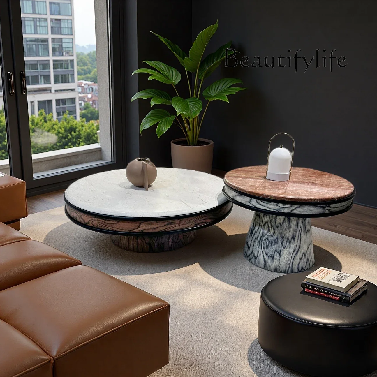 

old wind size round coffee table short coffee tableItalian minimalist round solid wood combination coffee table