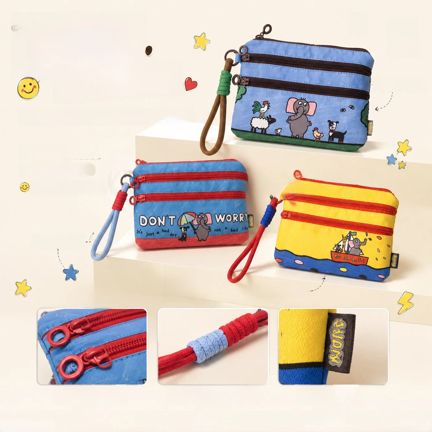 Cartoon Elephant Illustration Canvas Coin Purse Multi-Functional Handheld Bag with Three Layers Zipper for Children's Storage