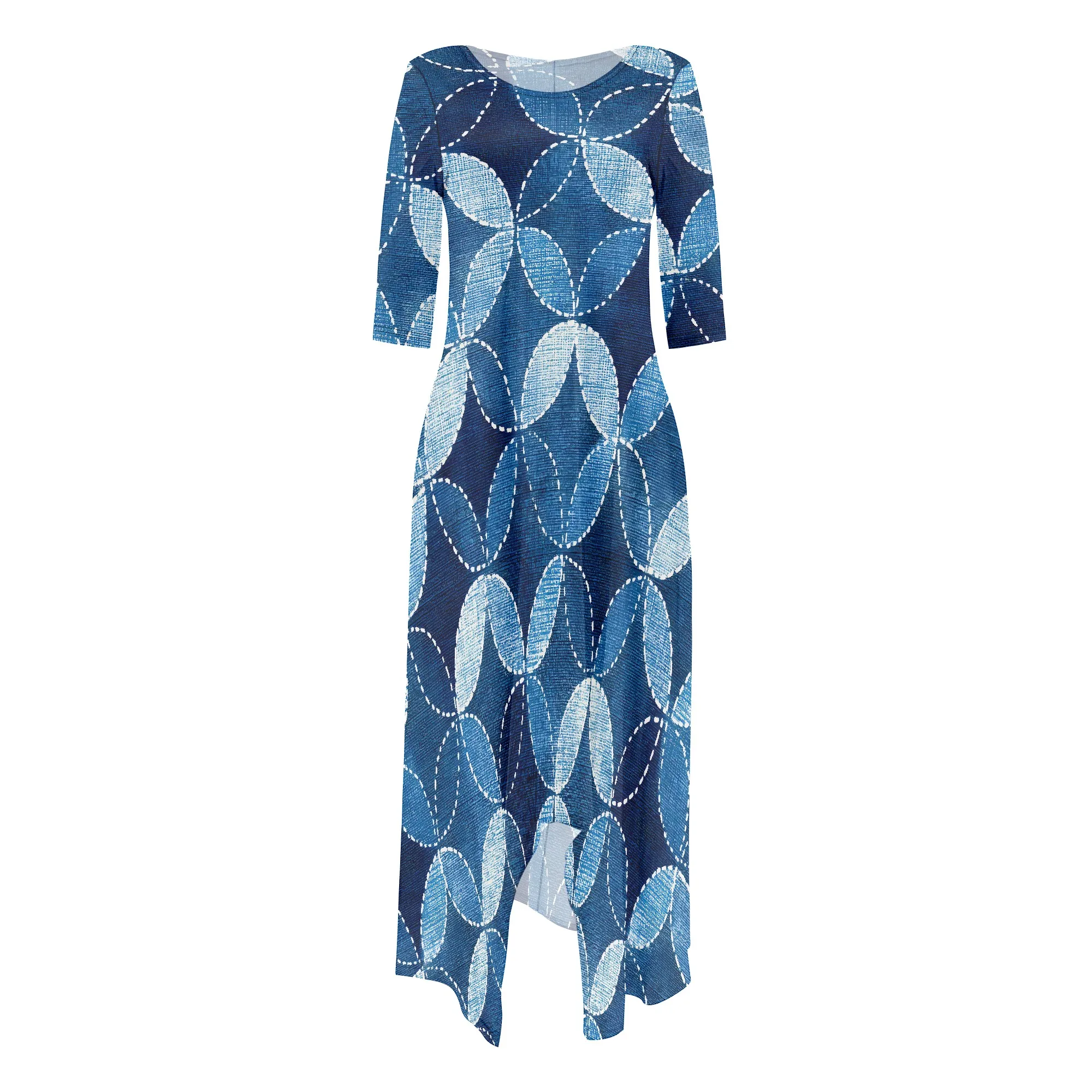 Boho Denim Blue Circle Print Maxi Dress for Women Vintage Style Loose Casual Outfit for Summer Travel