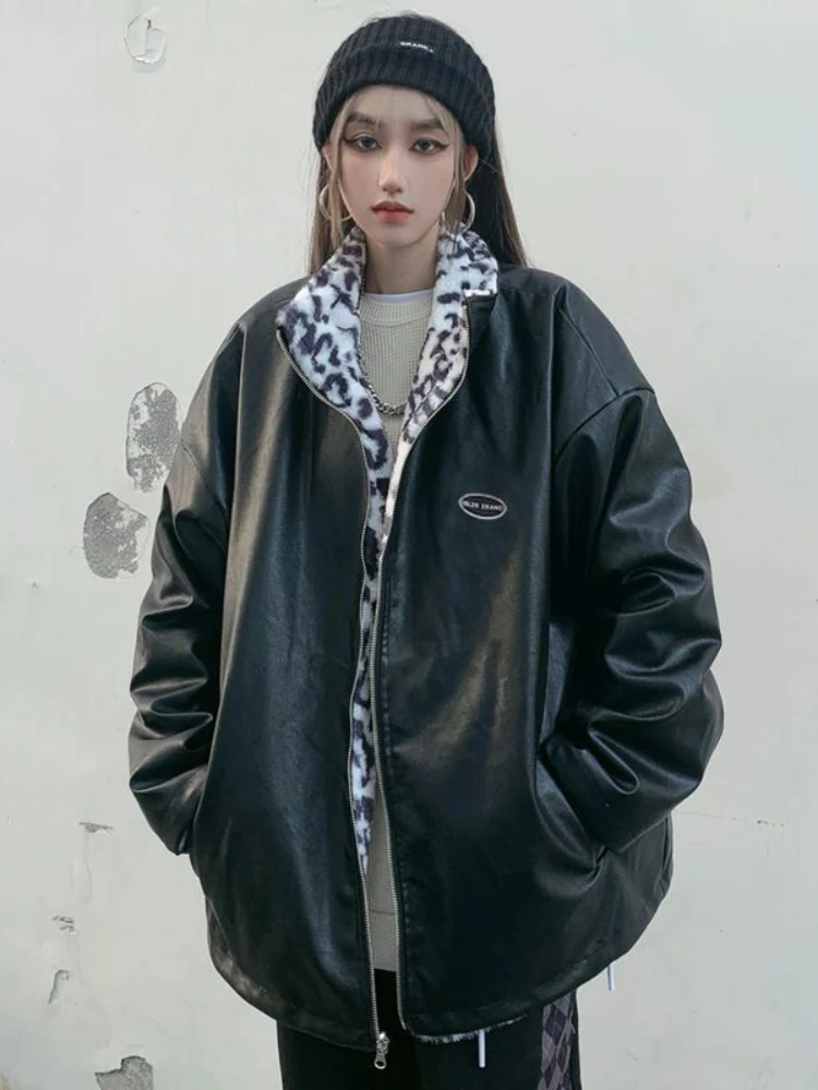 ファッション女性厚手レオパード柄フェイクラムファーコート雪ルーズ裏地リバーシブルウェアコート女性冬暖かいレザージャケット