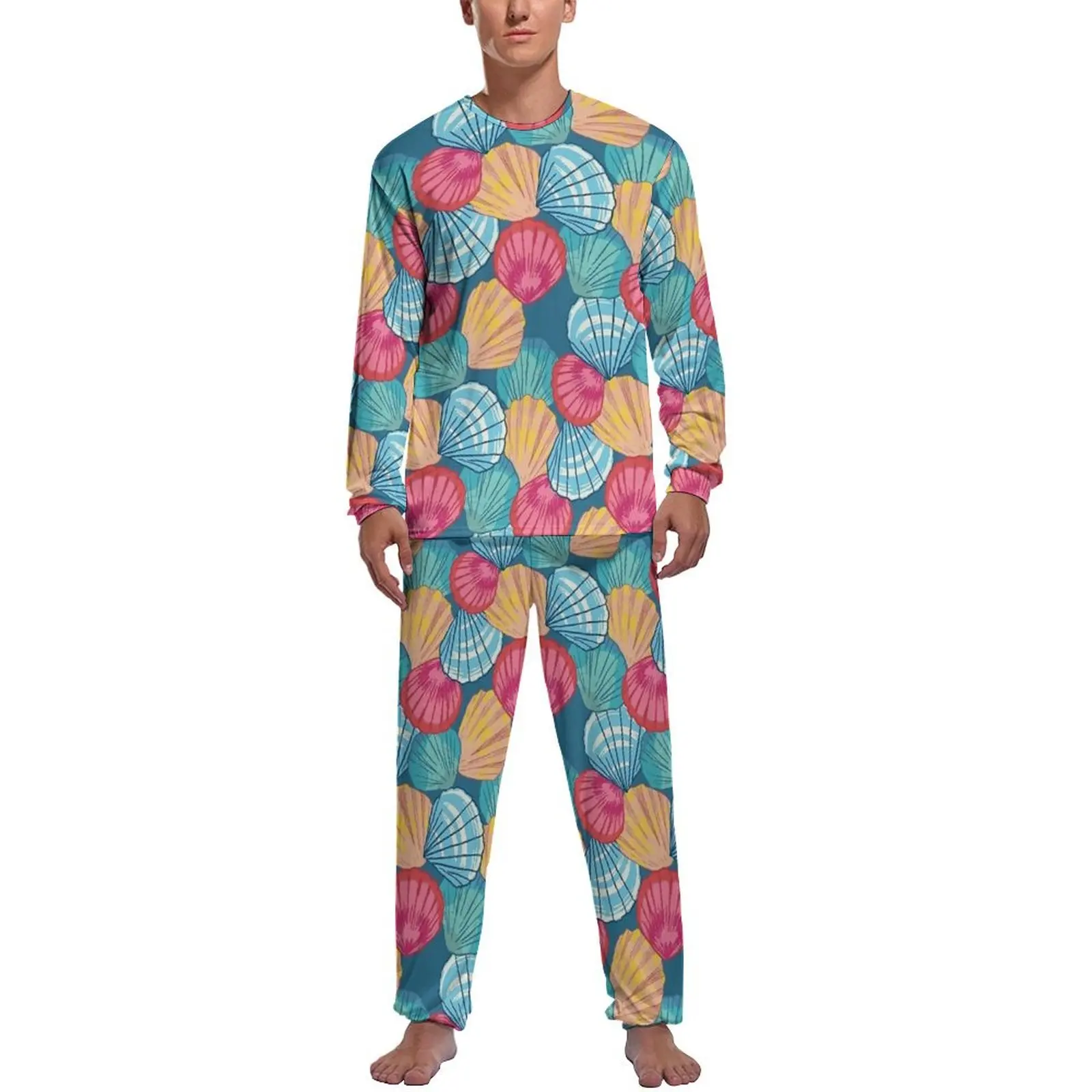 Sea Shells Pajamas Autumn 2 Piece Colorful Print Warm Pajamas Set Man Long Sleeve Sleep Custom Sleepwear