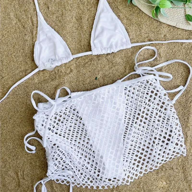 Bikini Sets Sexy Micro Thong White Swimsuit Women Three Piece Mesh Fishing Nets Cover Up Swimwear String Halter Triangle Bathing