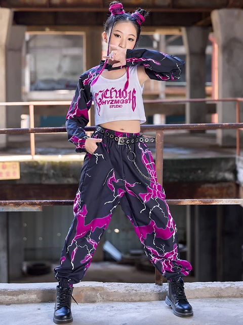 Costume Hip Hop per bambini vestito viola con maniche a fulmine pantaloni Hiphop Modern Jazz Dance Clothes abbigliamento per ragazze Festival Kpop BL9442 AliExpress