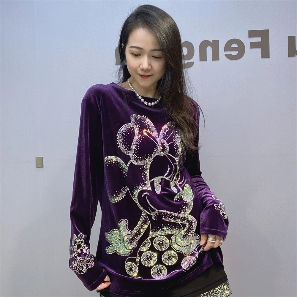 Fashion Cartoon Pattern Diamonds T Shirts Women Velvet Clothes Loose O Neck Long Sleeve Pullover Tops Tee Занзеа Женская Одежда