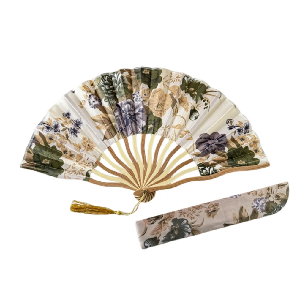 Chinese Style Silk Folding Fan Classical Elegant Handheld Fan with Fan Cover Flower Tassel Folding Fan Hanfu Accessories