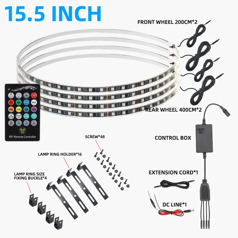 15.5 inch Car Hub Lights 4 LED Light Strip Symphony RGB Decorative light Bar Wheel Ring Neon Strip For Auto ATV UTV Accessories