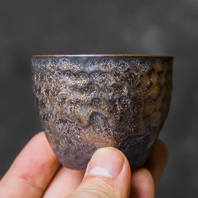 Handmade Rough Pottery Tea Cup With Gilded Glaze, Ceramic Cup, Earthenware Set, Japanese Hammer Pattern, Single