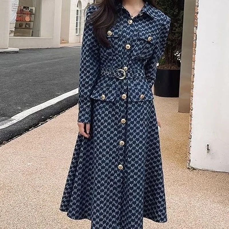 Imagem -04 - Moda Single-breasted Impresso Midi Vestido Outono Coreano Vintage Turn-down Collar Belt Denim Emendado Vestidos Roupas Femininas