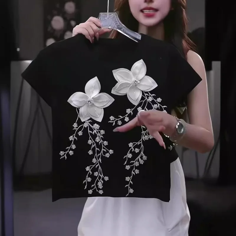 Jerséis informales de moda para mujer, suéter tejido de manga corta con cuello redondo y apliques, suelto para mujer, novedad de primavera y verano 2025