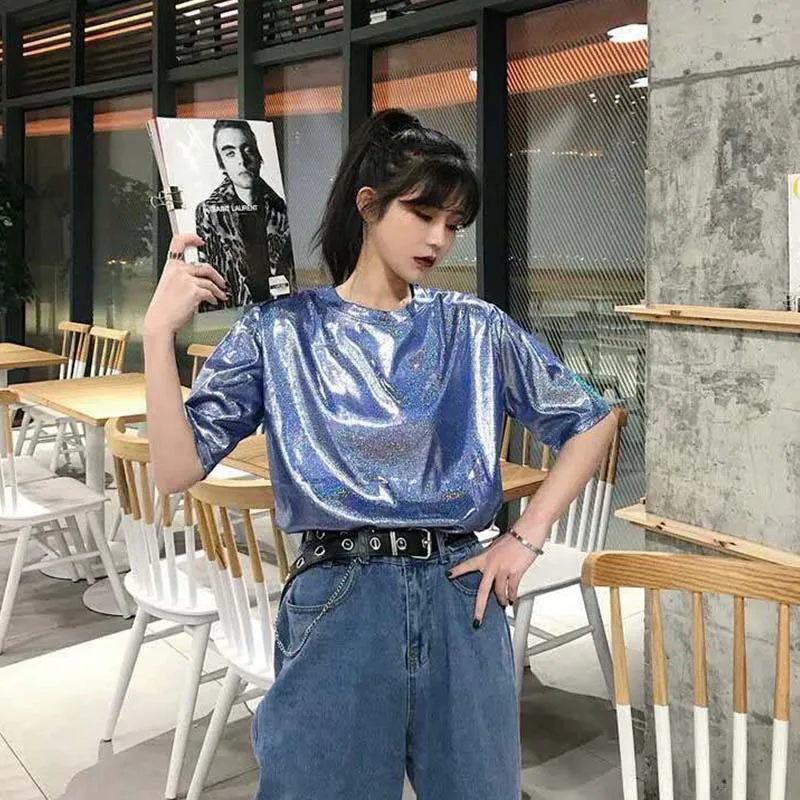New summer retro style stylish bright silk woman tops shiny loose short sleeve t-shirt sexy club aesthetic harajuku women tshirt