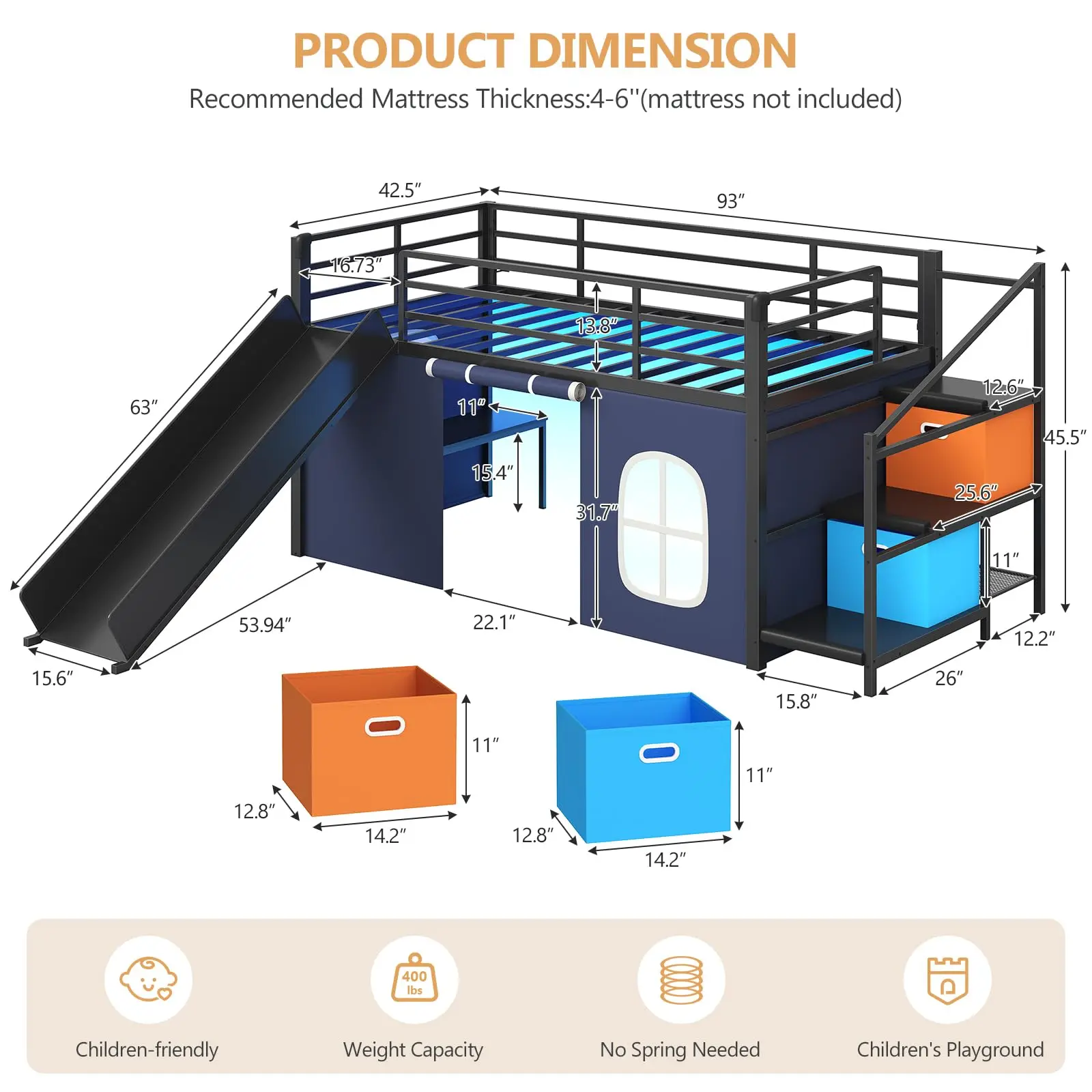 Low Loft Bed with Slide,Storage Stairway and Led Lights Metal Twin Size Loft Bed with Under-Bed Play Space,Art Table &