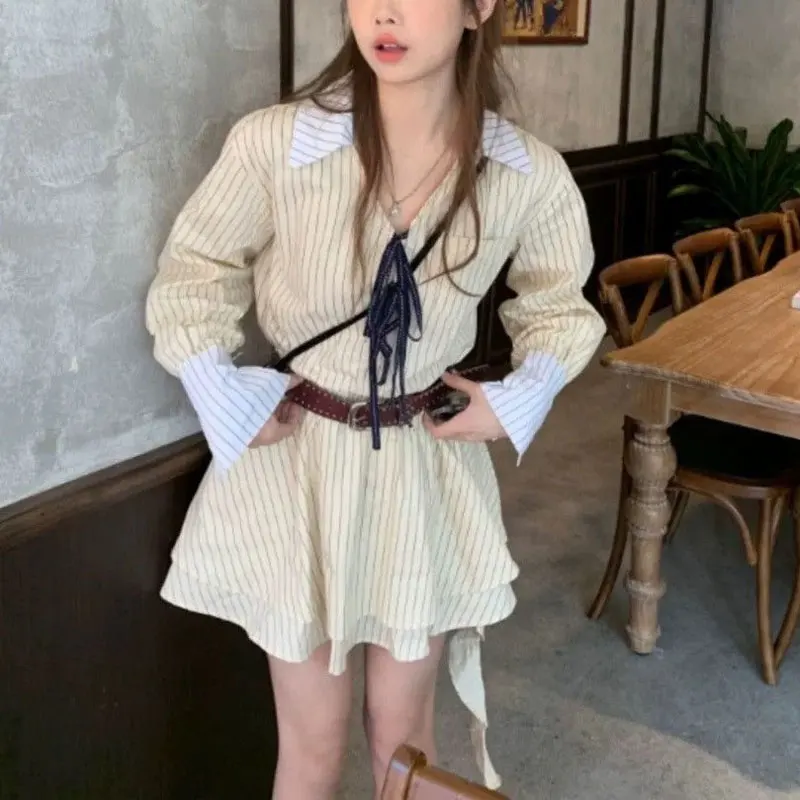 

Preppy Style Striped Patchwork Dresses Women's Clothing A-Line Waist Spring Autumn Aura V-Neck Fashionable Drawstring Mini Dress