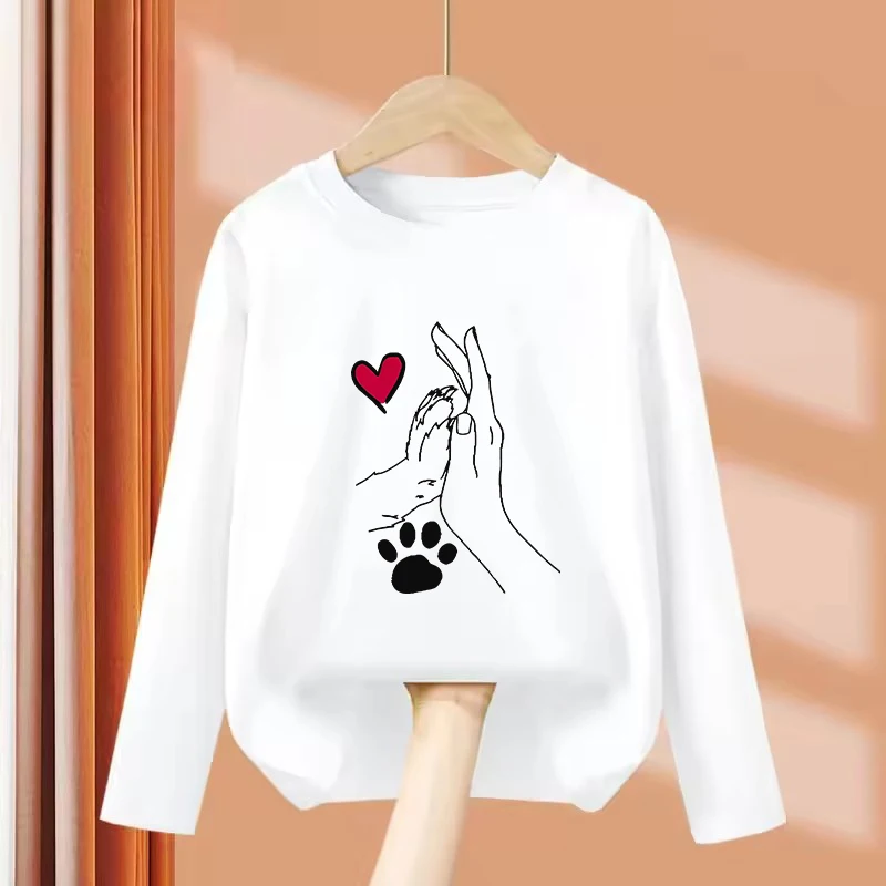 Long Sleeve Cute Cat Paw Heart Kids Tshirts Summer Tees Cartoon Boys Girls Clothes Kawaii Tops Y2K Children T-shirt