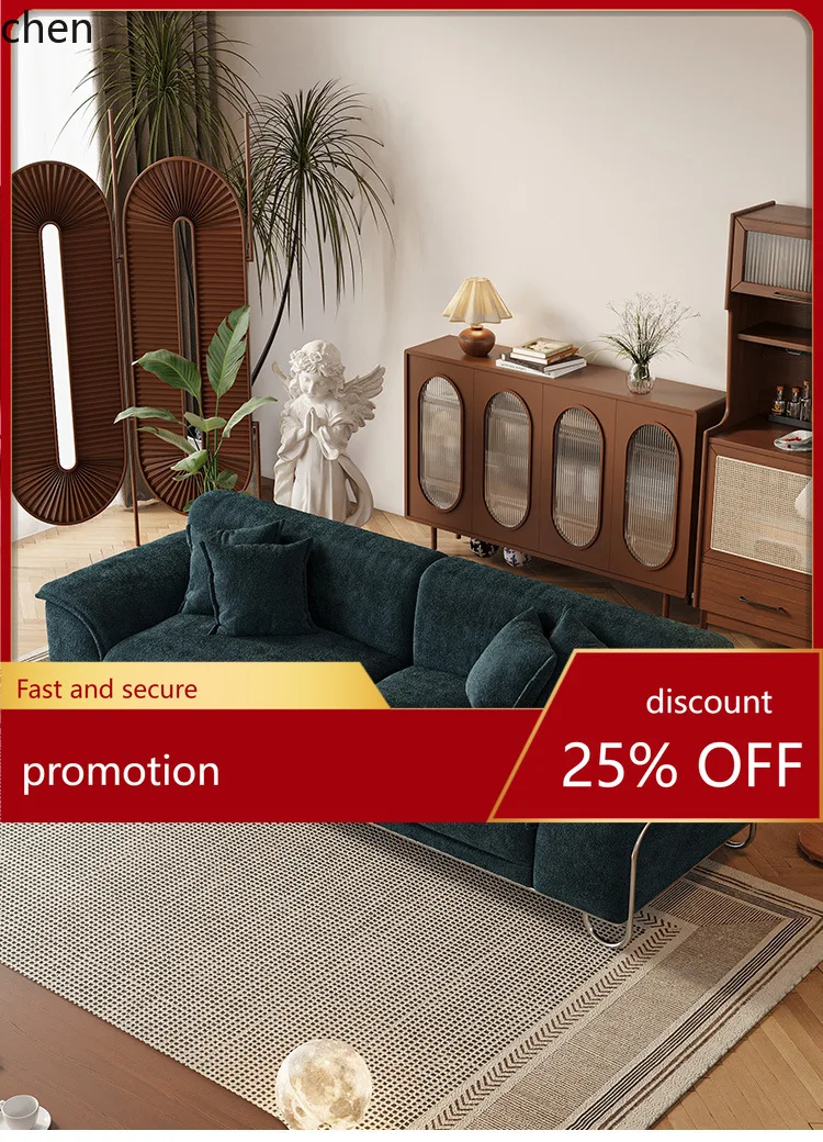 HT Retro Chenille Fabric Sofa Three-Seater Sofa Living Room Straight Row Vintage Style Living Room