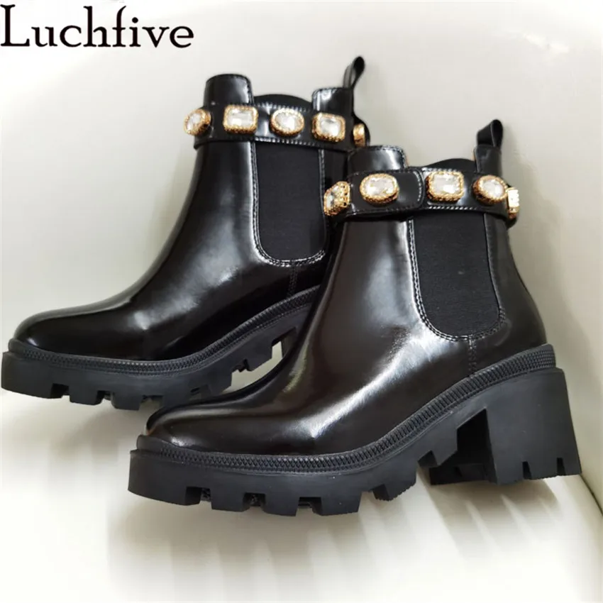 

Women Chelsea Boots Crystal Beading Strap Chain Embellished Leather Boots Winter Chunky heel Motorcycle Boots Ankle Boots Woman