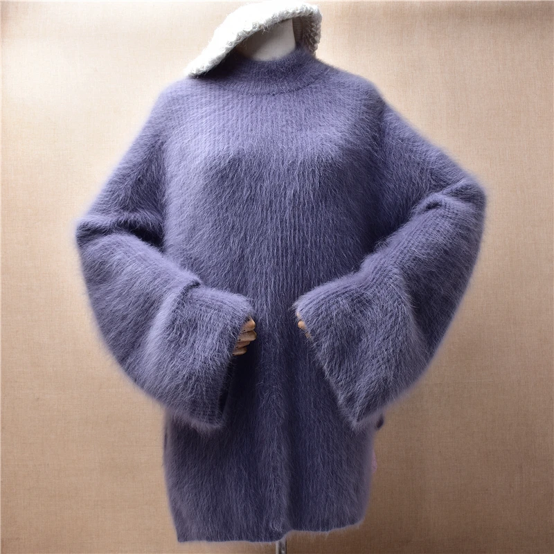 Female Women Fall Winter Thick Warm Mink Cashmere Knitted Long Flare Sleeves Turtleneck Loose Pullover Angora Fur Sweater Jumper