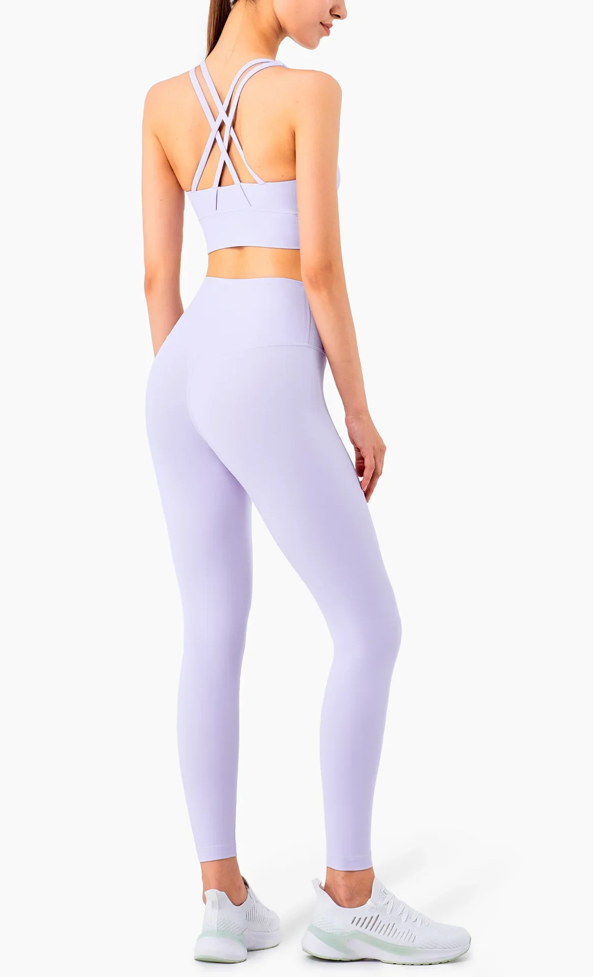 Damen Zweiteiliger Yoga-Anzug in Unifarbe, Hochintensiver Rückenfreier Yoga-BH, Hochgeschnittene Hüftlift-Leggings, Lauf- und Trainingsset – Detail 21
