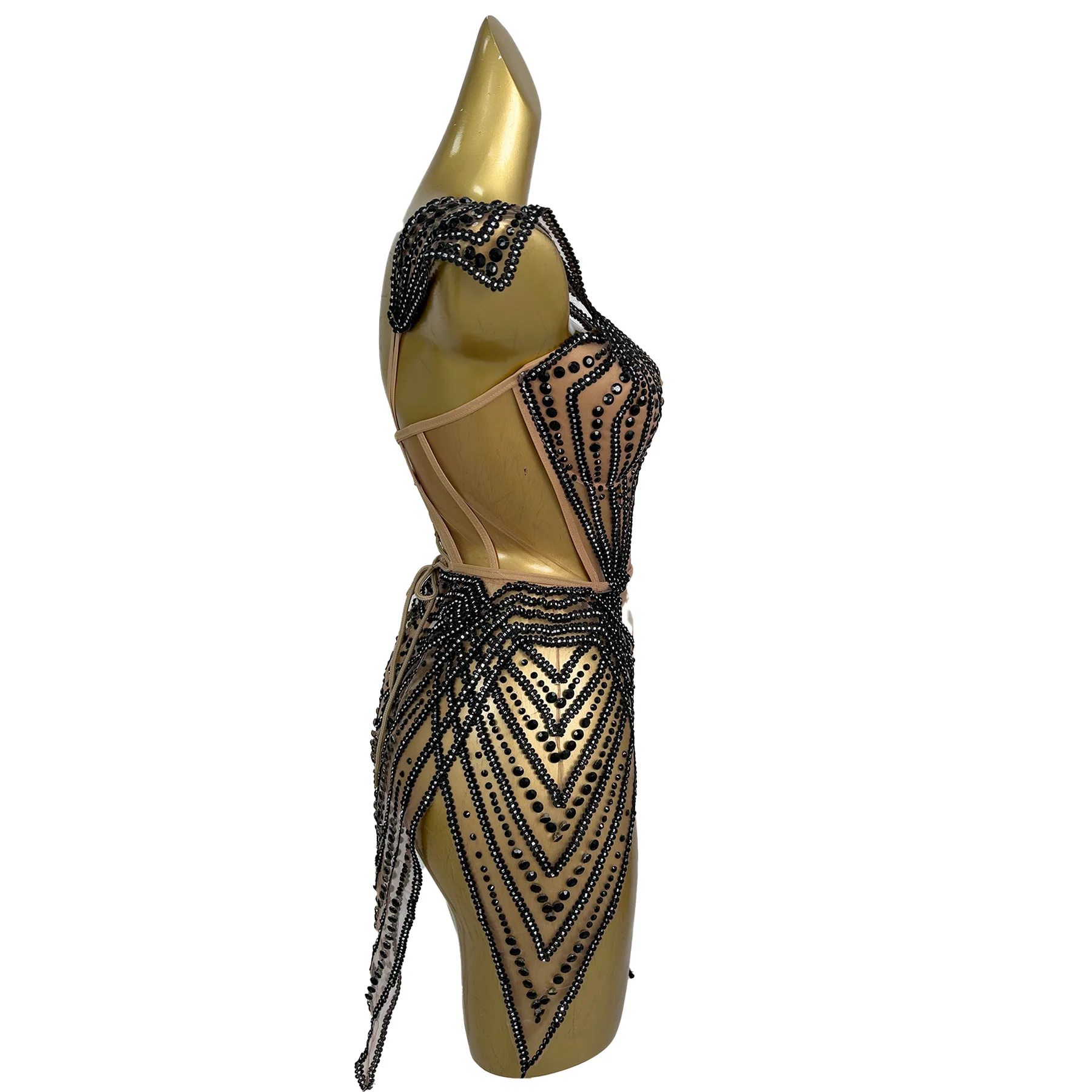 Jianrui مثير الكرة منظور شبكة العباءات ضيق مشد اللباس الأسود حجر الراين غير النظامية تنورة قصيرة شريط الأداء اللباس #5