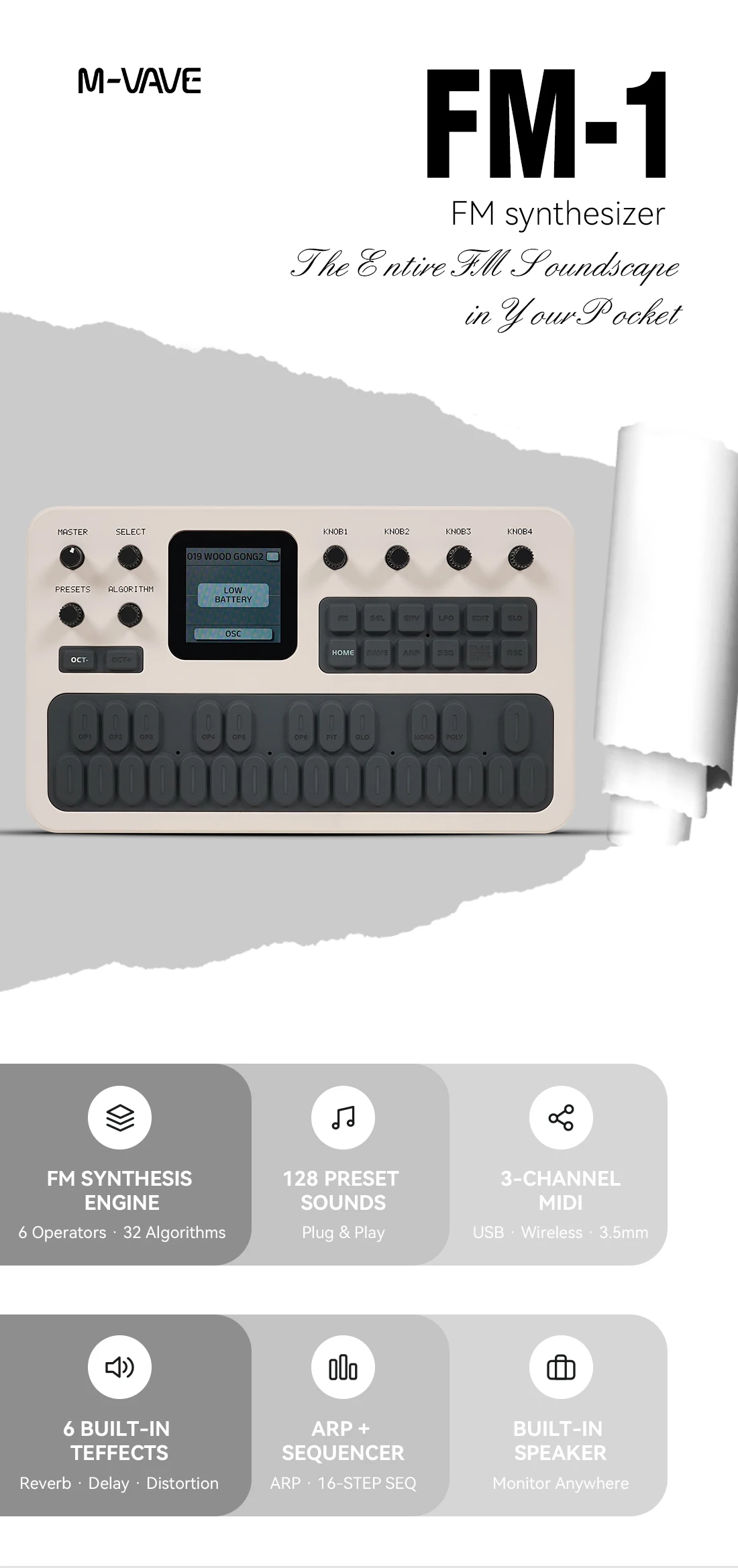 M-VAVE FM-1 (SK15) White-Grey Sound Module with Keyboard – 6 Operators, 32 Algos, 128 Presets, Arpeggiator, Built-in Speaker