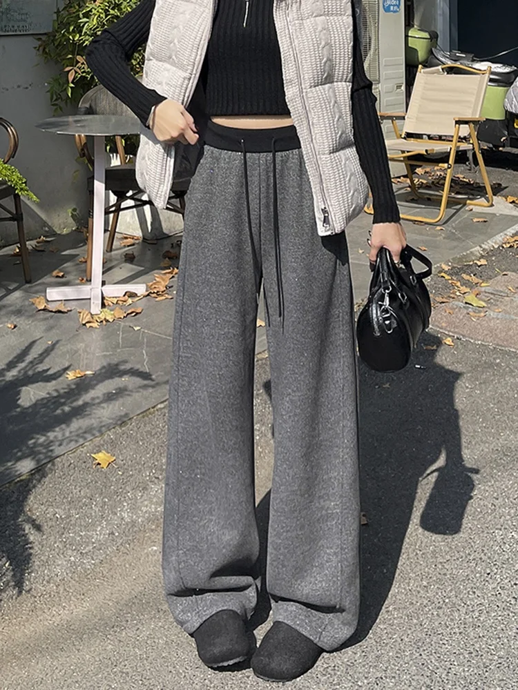 กางเกงขายาวเอวสูงทรงหลวมบุซับในสำหรับผู้หญิง กางเกงลำลองผ้าทิ้นเนื้อนุ่มใส่สบายสำหรับฤดูใบไม้ร่วงและฤดูหนาว